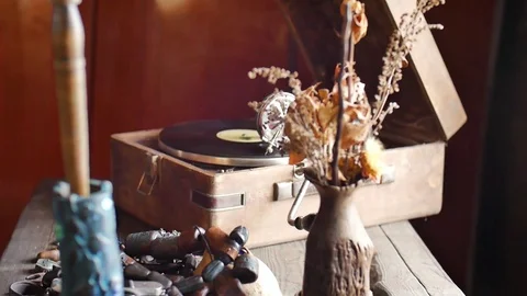 Loop-able Vintage Video of Old Gramophone, playing a record, close up slow Stock Footage 75249180