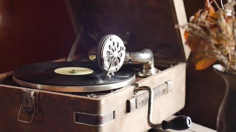 Loop-able Vintage Video of Old Gramophone, playing a record, close up slow Stock Footage 75249221