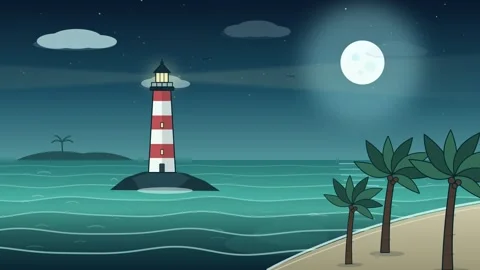 Loop animated night tropical landscape with lighthouse, full moon and palm trees 스톡 동영상 347459012