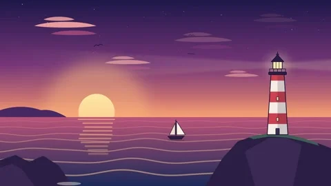 Loop animated sea sunset with lighthouse, small boat, and peaceful evening sky Stock Footage 347449419
