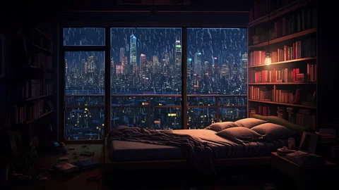 Loop animated virtual bedroom interior with city view, rain from window Stock Footage 265136965