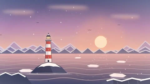 Loop animated winter landscape with lighthouse, sunrise and ice floes Stock Footage 347458999