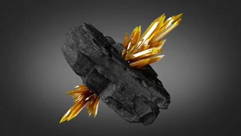 Loop animation, 3d black rock with yellow crystals is spinning and rotating. Stock Footage 202248442