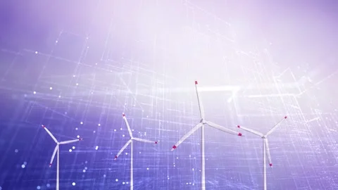 Loop animation 3d wind turbine plants on digital electric background Stock Footage 339717102