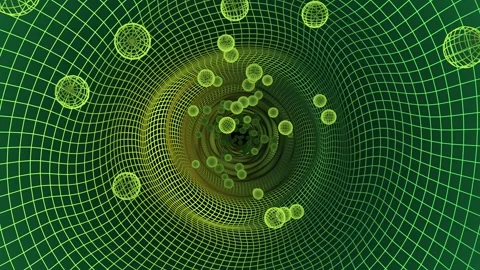 Loop animation of abstract green tunnel with glowing grid and yellow spheres Stock Footage 251949768