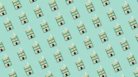 Loop animation of blue cozy brick apartment buildings with smoking chimneys 스톡 동영상 308061686