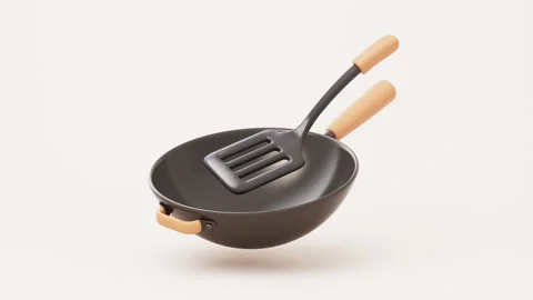 Loop animation of cartoon style kitchen ware wok and spatula, 3d rendering. Video stock 278289941
