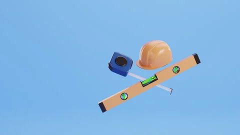 Loop animation of construction tools - spirit level, hard hat and tape measure Stock Footage 300498506