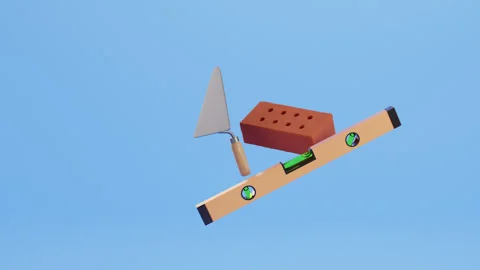 Loop animation of construction tools - spirit level, brick and trowel. Vidéo 300498622