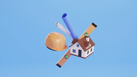 Loop animation of construction tools - spirit level, hard hat, blueprints, house Stock Footage 300884336