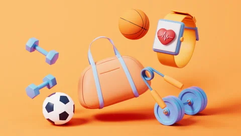 Loop animation of fitness elements with cartoon style, 3d rendering. Stock Footage 243633022