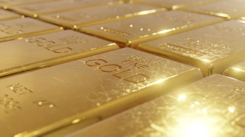 Loop animation of the golden bars in the safe storage of the international bank Stock Footage 260472635