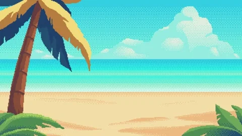Loop animation of a pixel art tropical beach with palm tree, bright sky and Stock Footage 311116026