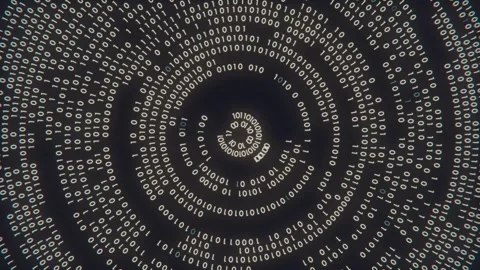 Loop animation with running numbers 0 and 1 forming pulsating circles. 3d render Stock Footage 301504431