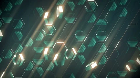 Loop Animation of shiny green colored hexagons on a dark background. 3D render Stock Footage 113880858