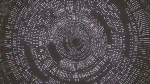 Loop animation with streams of glowing binary symbols forming circles. 3d render Stock Footage 304415200