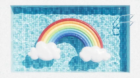 Loop animation of swimming pool and floating rainbow, 3d rendering. Stock Footage 287009653