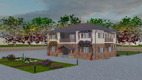 Loop  animation in the trees, 3d rendering of an urban single-family house Stock Footage 345680114