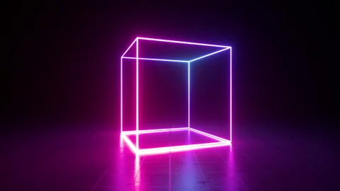Loop animation of virtual neon light glowing cube spins and rotates Stock Footage 143914147