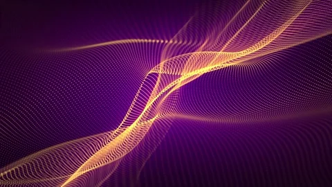Loop animation of yellow particle waves floating on a purple background Stock Footage 268602584