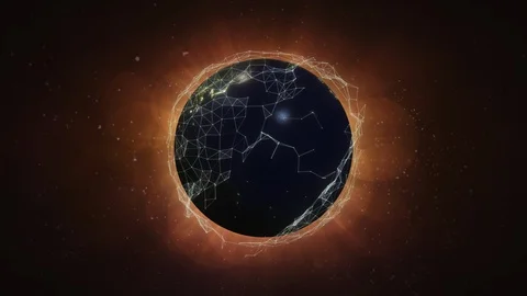 Loop animations. 3D Earth with night lights covered in plexus shapes. Orange Stock Footage 120572131