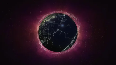 Loop animations. 3D Earth with night lights covered in plexus shapes. Purple Stock Footage 120572169