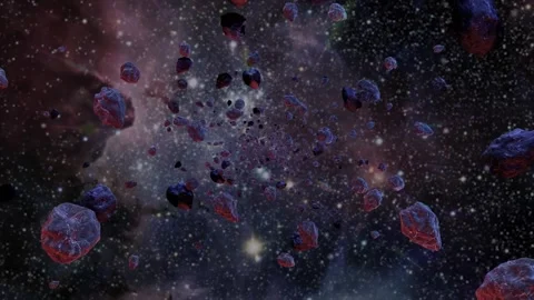 Loop Asteroid field drifting through deep space nebula Stock Footage 309010875
