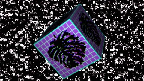 Loop background with glitched monstera on rotating 3d cube. Synthwave video. Stock Footage 112140764