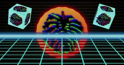 Loop background with neon grid, scorching sun and 3d cubes with monstera leaves. Stock Footage 112141028