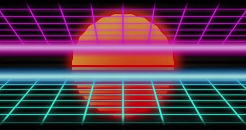 Loop background with neon grids and scorching sun. Synthwave video. Stock Footage 112141211