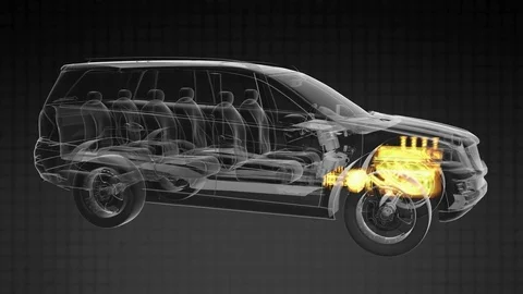 Loop car rotate. visible engine and gear transmission Stock Footage