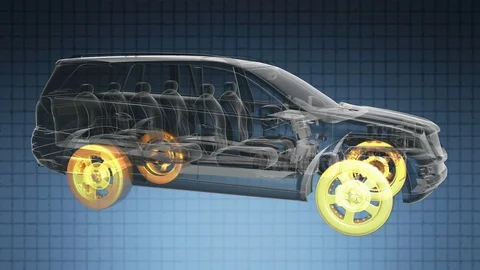 Loop car rotate. visible engine and gear transmission. wheels with glow Stock Footage 69746626