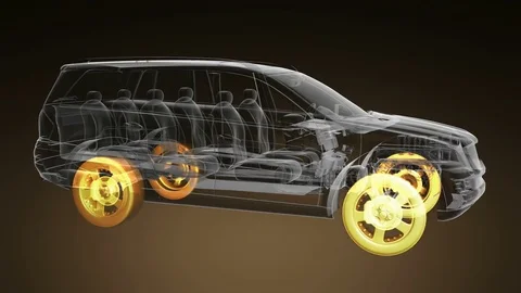 Loop car rotate. visible engine and gear transmission. wheels with glow Stock Footage 70618975