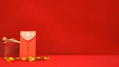 Loop Chinese Lunar New Year red background with lucky item decoration ornament Stock Footage 263021004