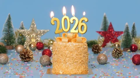 Loop of cute cake with golden ribbon with candle number 2026 for new year party Stock Footage 324848965