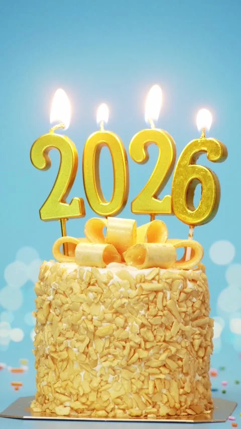 Loop of cute cake with golden ribbon with candle number 2026 for new year party Stock Footage 324851336