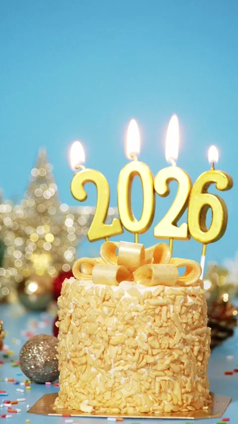 Loop of cute cake with golden ribbon with candle number 2026 for new year party Stock Footage 324851337