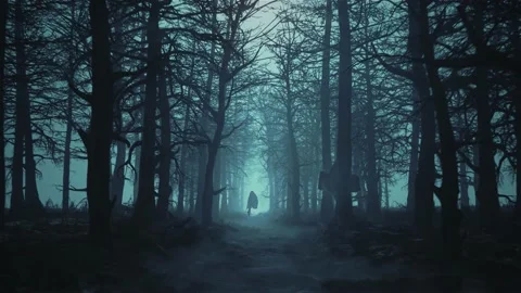 Loop dark scary forest with flying ghosts Stock Footage 144194526