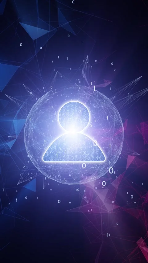 Loop digital person icon with binary numbers and cyberspace sphere motion ba Stock Footage 346392251