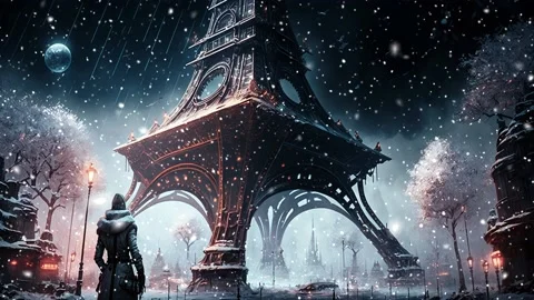 Loop. Eiffel Tower. Future. Loop. Falling snowflakes on Eiffel Tower. Snowflakes Video stock 234552889