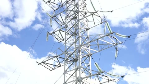 Loop of of an electricity pylon shot from a low angle, Video stock 137259917