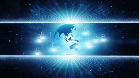 Loop glowing cyberspace with people icons and earth globe rotation Stock Footage 341153103