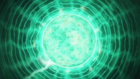 Loop glowing emerald green star sphere emitting plasma energy waves in space Stock Footage 347590851