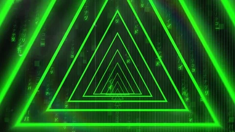 On loop, glowing neon-green triangles moving inward, pulsing while glyphs Stock Footage 329870039