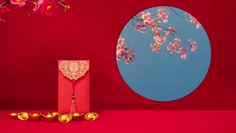 Loop of gold, red envelope with plum blossom at window view for Chinese New Year Stock Footage 263111868