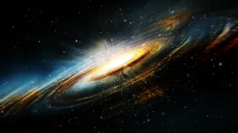 Loop gold ring galaxy space travel on black background Stock Footage 312802167