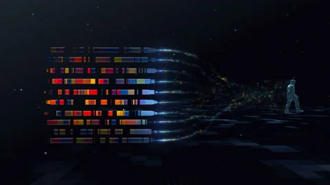 Loop infinite abstract digital man walks in digital space generating a cloud of Stock Footage 115705970