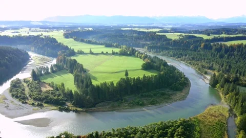 Loop of the Lech river, near Burggen, Bavaria, Germany Stock Footage 145389214