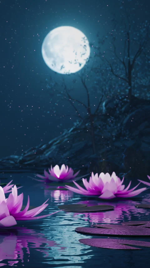 Loop Lotus flowers on a magical night on the water against the backdrop of the Stock Footage 284752603