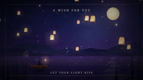 Loop Magical Sky Lantern Festival at Night with Boat on Lake and Full Moon Video stock 346454152